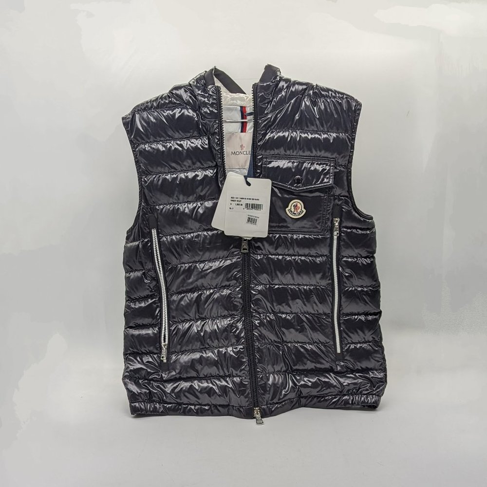 Moncler Ragot Gilet Hooded Nylon-Laqué Down Vest Size 2, Black MSRP $1055 2023